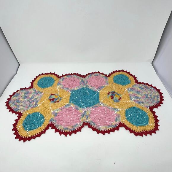 Vintage Handmade Crocheted Pink Yellow Robins Egg Blue Red Doily - Picture 5 of 5